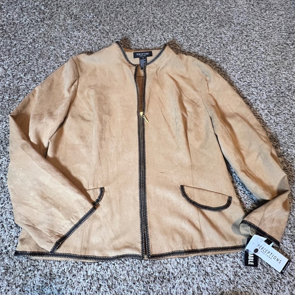 Perceptions New York Tan‎ Faux Suede Zip Front Jacket Contrast Trim Womens XL 18